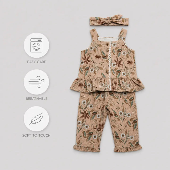 Pattuti Sustainable Linen Blend Co-Ord Set Of Top Set With Pants + Hairband - Beige