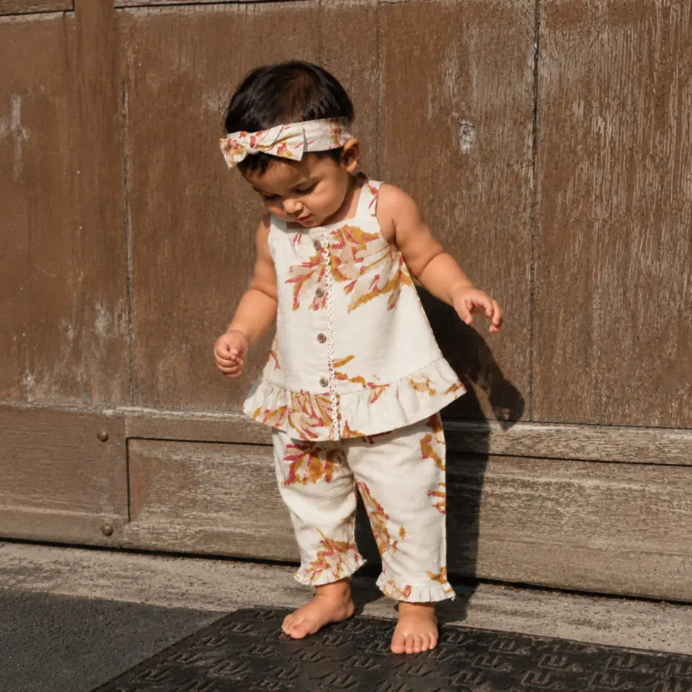 Pattuti Sustainable Linen Blend Co-Ord Set Of Top With Pants + Hairband - Offwhite