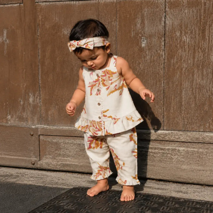 Pattuti Sustainable Linen Blend Co-Ord Set Of Top With Pants + Hairband - Offwhite