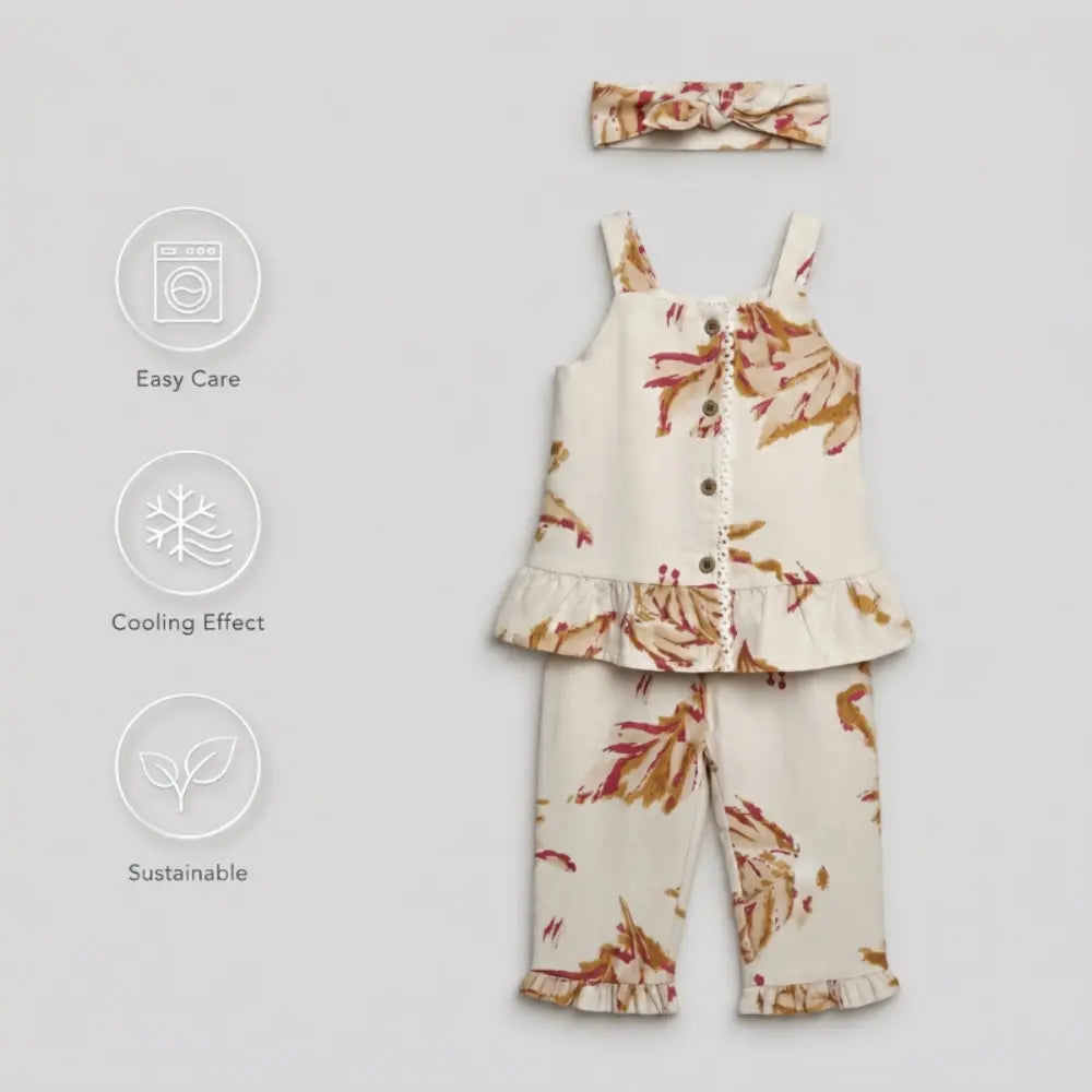 Pattuti Sustainable Linen Blend Co-Ord Set Of Top With Pants + Hairband - Offwhite