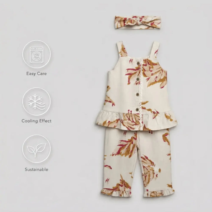 Pattuti Sustainable Linen Blend Co-Ord Set Of Top With Pants + Hairband - Offwhite