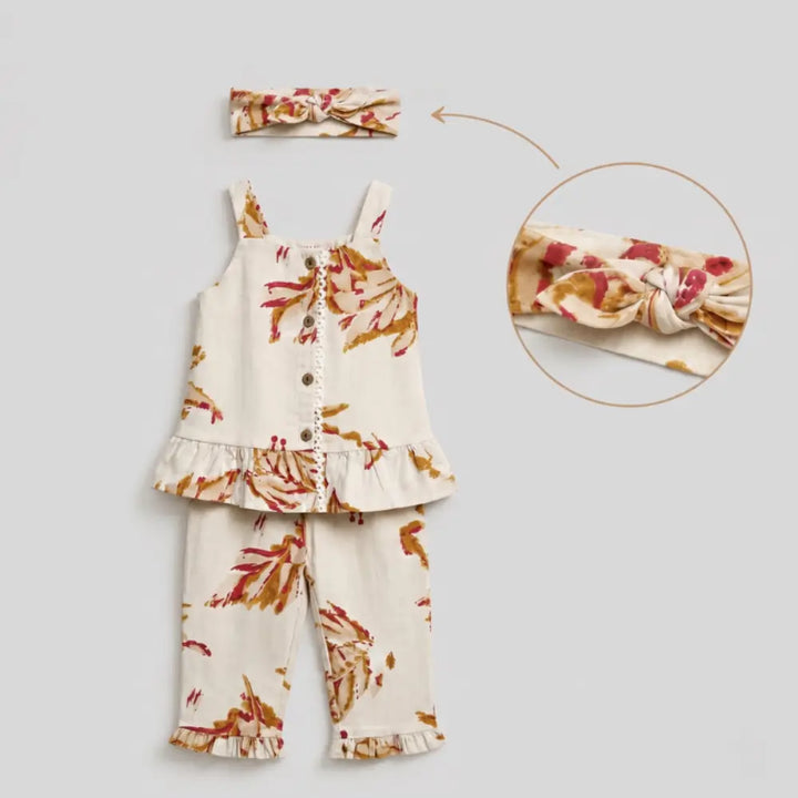 Pattuti Sustainable Linen Blend Co-Ord Set Of Top With Pants + Hairband - Offwhite