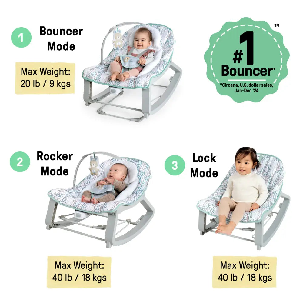 Ingenuity Keep Cozy 3-in-1 Grow with Me Baby Bouncer, Rocker &amp; Toddler Seat with Vibrations, Spruce, 0 - 30 months