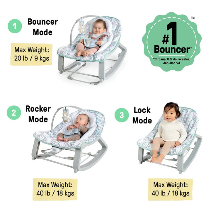 Ingenuity Keep Cozy 3-in-1 Grow with Me Baby Bouncer, Rocker &amp; Toddler Seat with Vibrations, Spruce, 0 - 30 months