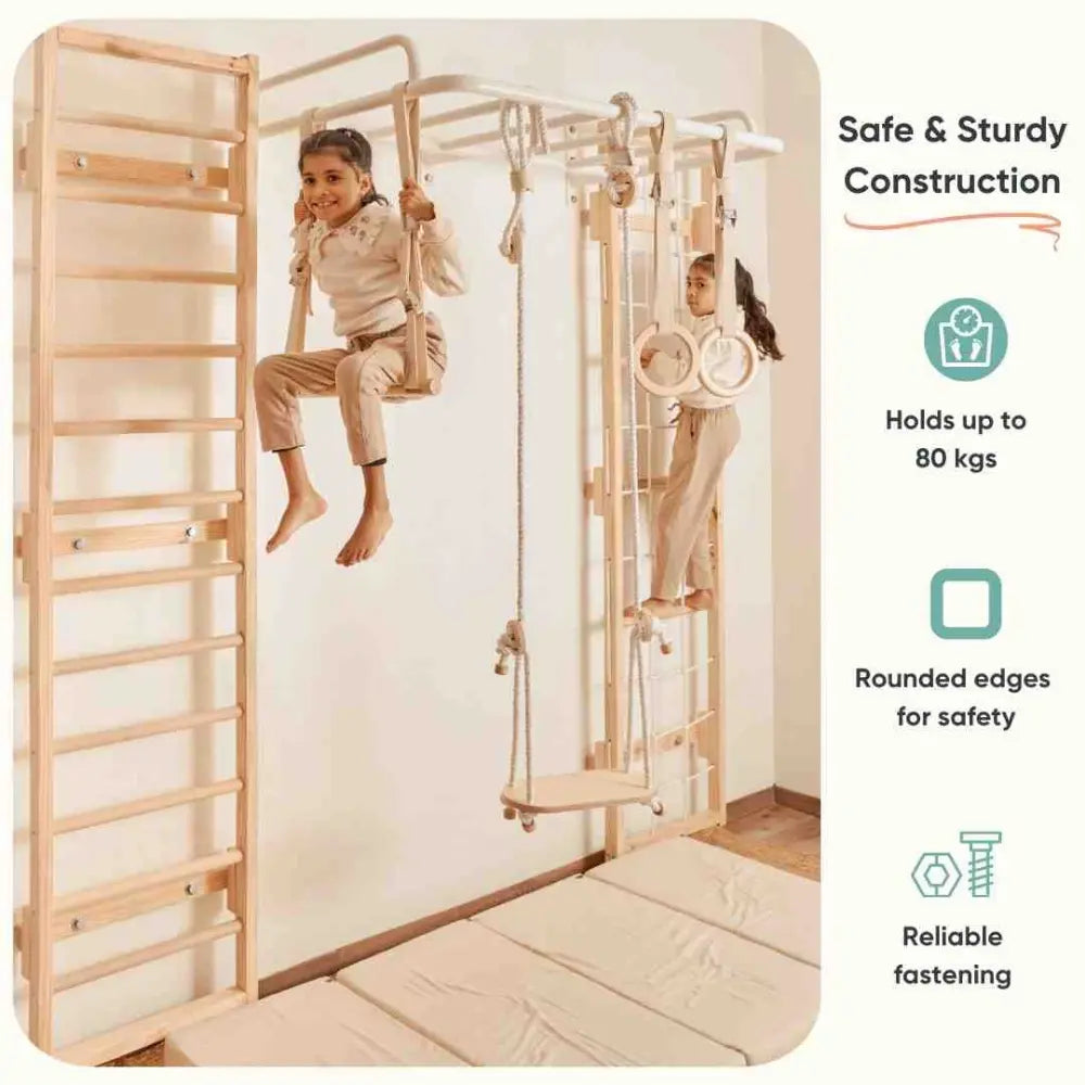 Curious Cub Ultimate Jungle Gym 2 | 6 Components - Monkey Bar, Wooden Ladder, Rope Ladder, Gymnastic Rings, Swing Trapeze bar | Ages 4-15 Years