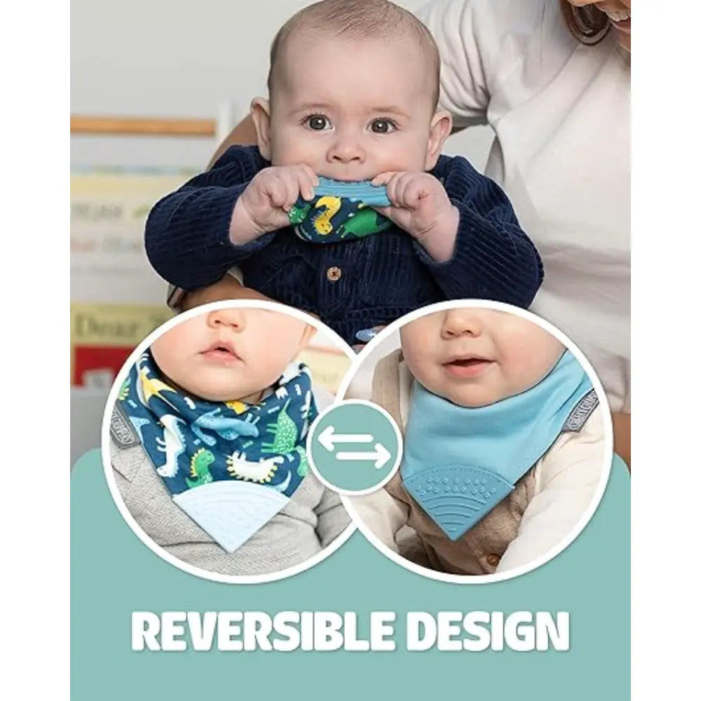 Cheeky Chompers Neckerchew for Babies &amp; Toddlers, Reversible Bib with Attached Silicone Teether, Super Absorbent, BPA-Free, 2–24 Months - Baby Dino