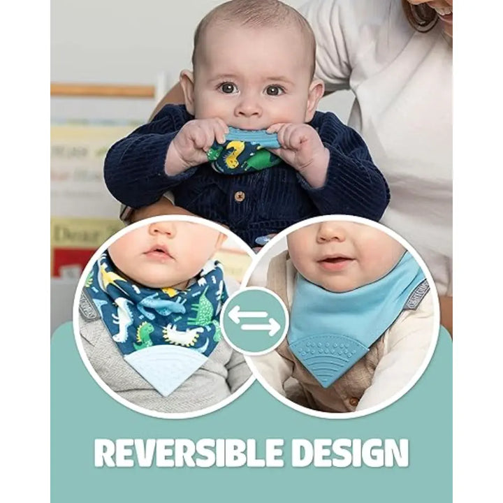 Cheeky Chompers Neckerchew for Babies &amp; Toddlers, Reversible Bib with Attached Silicone Teether, Super Absorbent, BPA-Free, 2–24 Months - Baby Dino