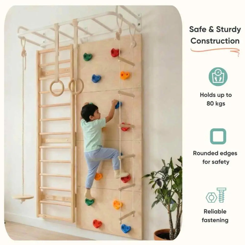Curious Cub Space Saver Jungle Gym 3 | 6 Components - Wooden Ladder | Rock Climbing | Wobble Ladder | Monkey Bar | Gymnastics Ring | Disk Swing | Ages 4-15 Years