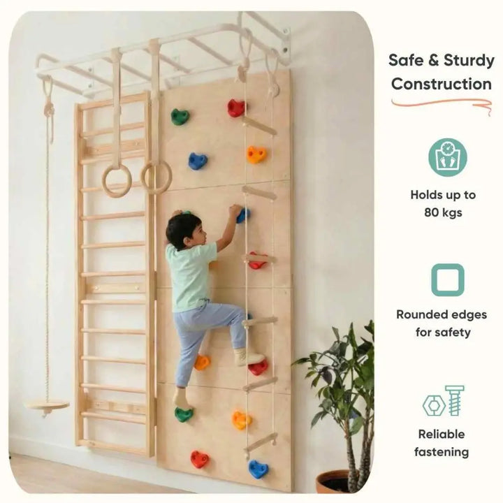 Curious Cub Space Saver Jungle Gym 3 | 6 Components - Wooden Ladder | Rock Climbing | Wobble Ladder | Monkey Bar | Gymnastics Ring | Disk Swing | Ages 4-15 Years
