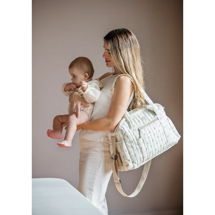 Walking Mum Diaper Bag with Changing Mat, Large Capacity Water-Resistant Bag with Multi-Pocket Organizer, Insulated Bottle Pocket, Shoulder &amp; Stroller Straps, Floral Print - Green