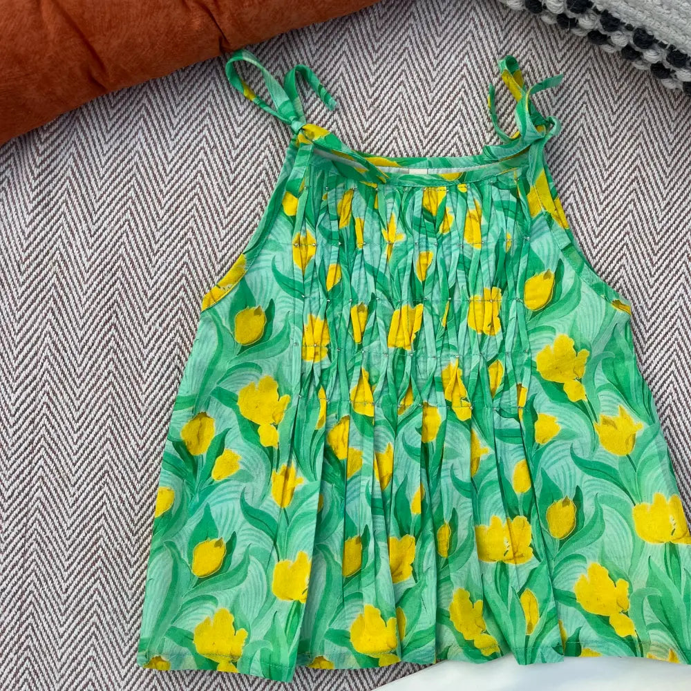Bhaakur Organic Cotton Floral Tie-Up Co-ord Set For Girls - Green