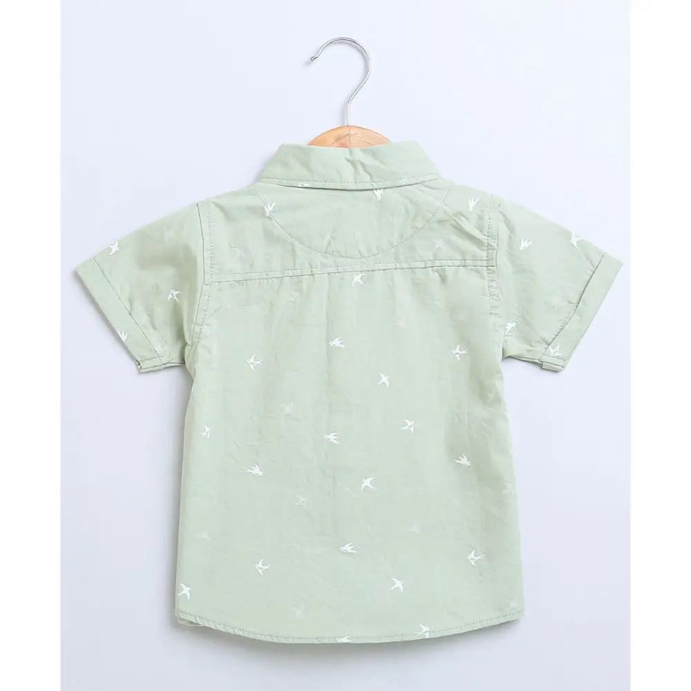 Sweetlime By AS Bird Print Cotton Poplin Boys Shirt &amp; Cotton Slub Shorts - Green &amp; White