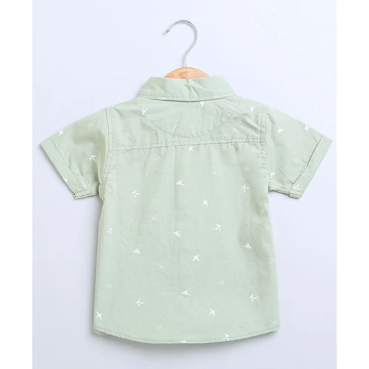 Sweetlime By AS Bird Print Cotton Poplin Boys Shirt &amp; Cotton Slub Shorts - Green &amp; White