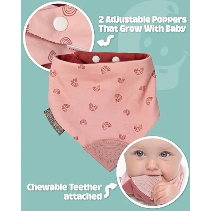 Cheeky Chompers Neckerchew for Babies &amp; Toddlers, Reversible Bib with Attached Silicone Teether, Super Absorbent, BPA-Free, 2–24 Months - Rainbow Rose
