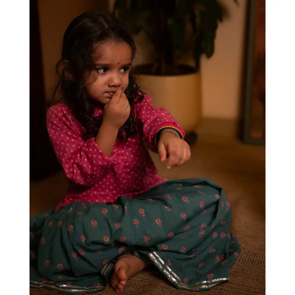 Love The World Today Kopal Magenta Polka Blouse &amp; Green Floral Booti Lehenga Set For Girls
