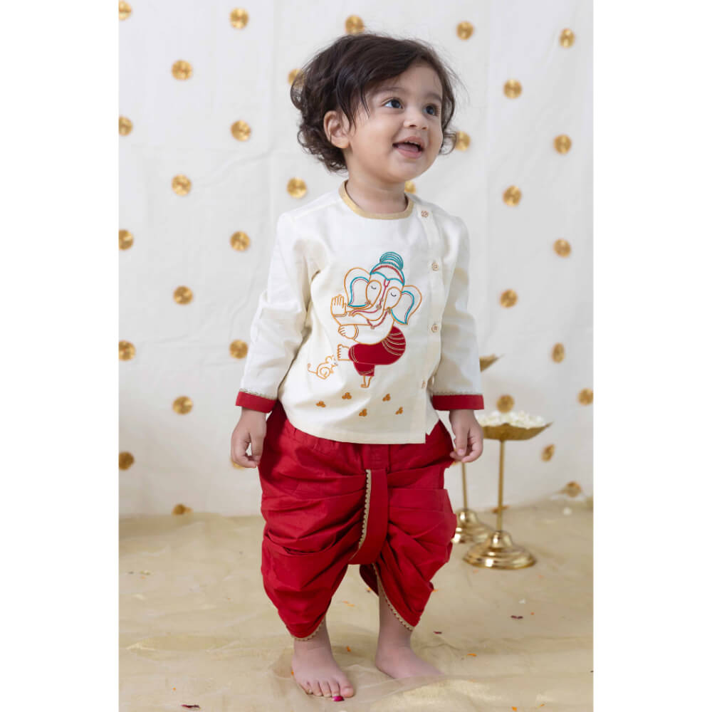 Tiber Taber Baby Boy Ganesha Embroidered Cotton Dhoti Kurta Set - Cream