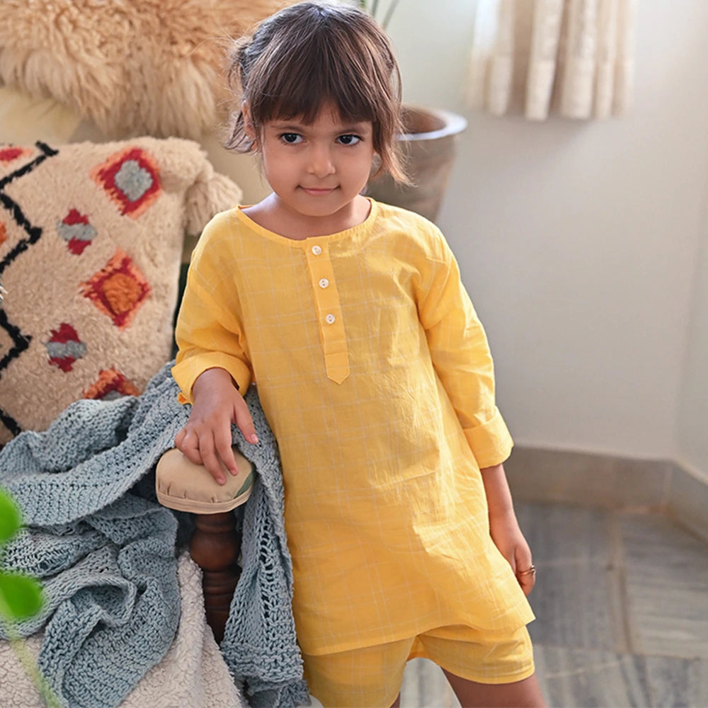 Love The World Today ‘Sleepover Party’ Kurta and Shorts Co-ord Set - Yellow Checks