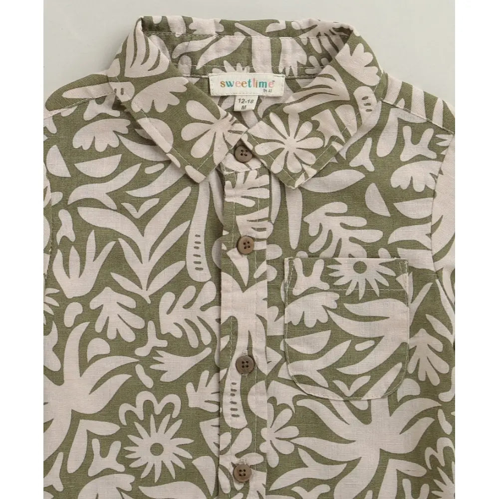Sweetlime By AS Baby Boys Tropical Bloom Cotton Co-ord Set - Olive &amp; Beige
