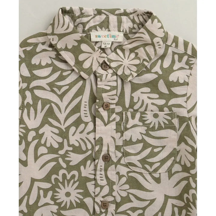 Sweetlime By AS Baby Boys Tropical Bloom Cotton Co-ord Set - Olive &amp; Beige