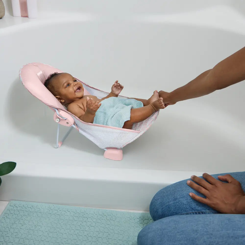 Ingenuity FoldAway 2-Position Baby Bath Bather with Mesh Sling &amp; Headrest, Pink, 0–6 Months, Upto 9 kgs