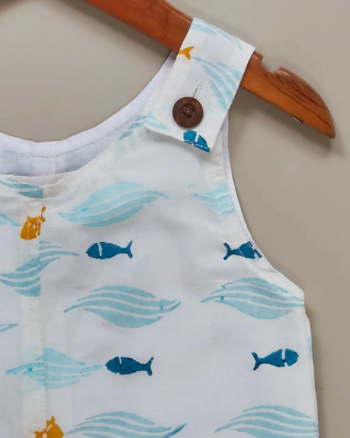 Liz Jacob Boys | Off-white Blockprinted Cotton Romper | Fish named Chips