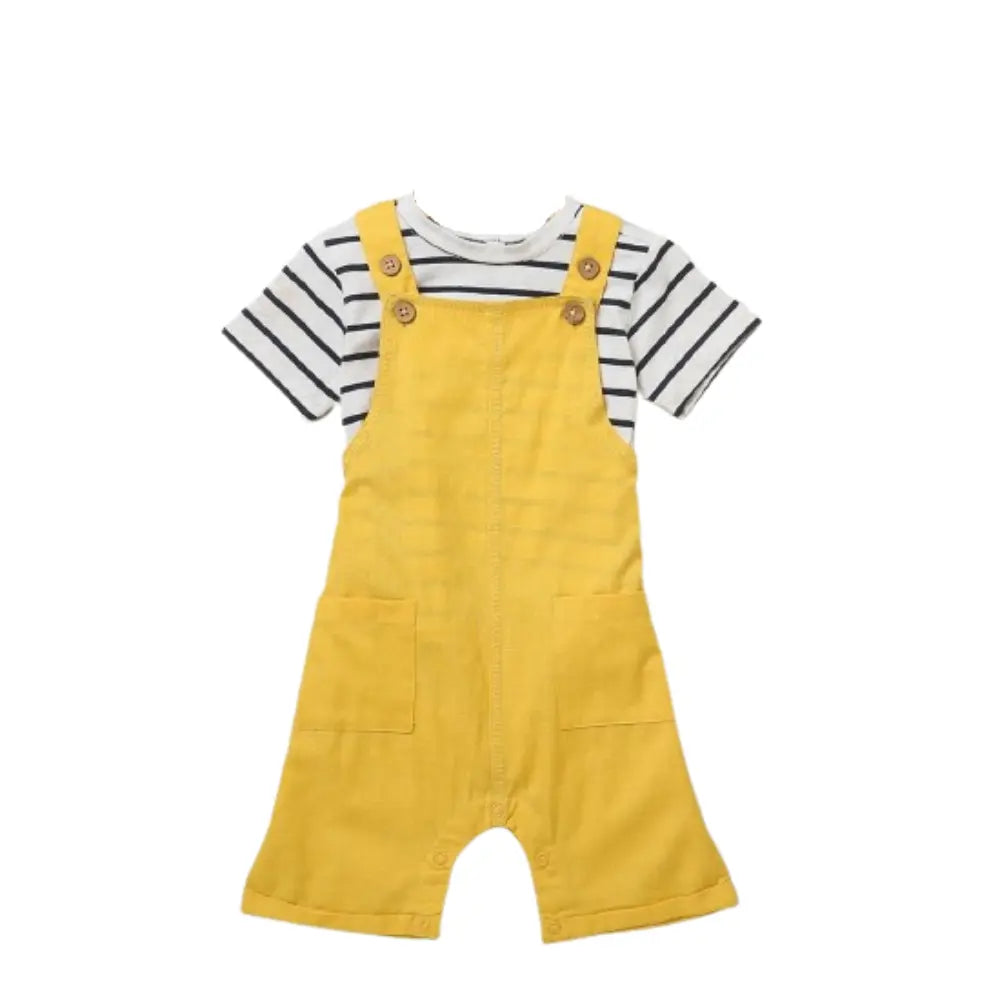 Sweetlime By AS Cotton Dungaree and Jersey T-Shirt Stripes Co-ord Set - White &amp; Yellow