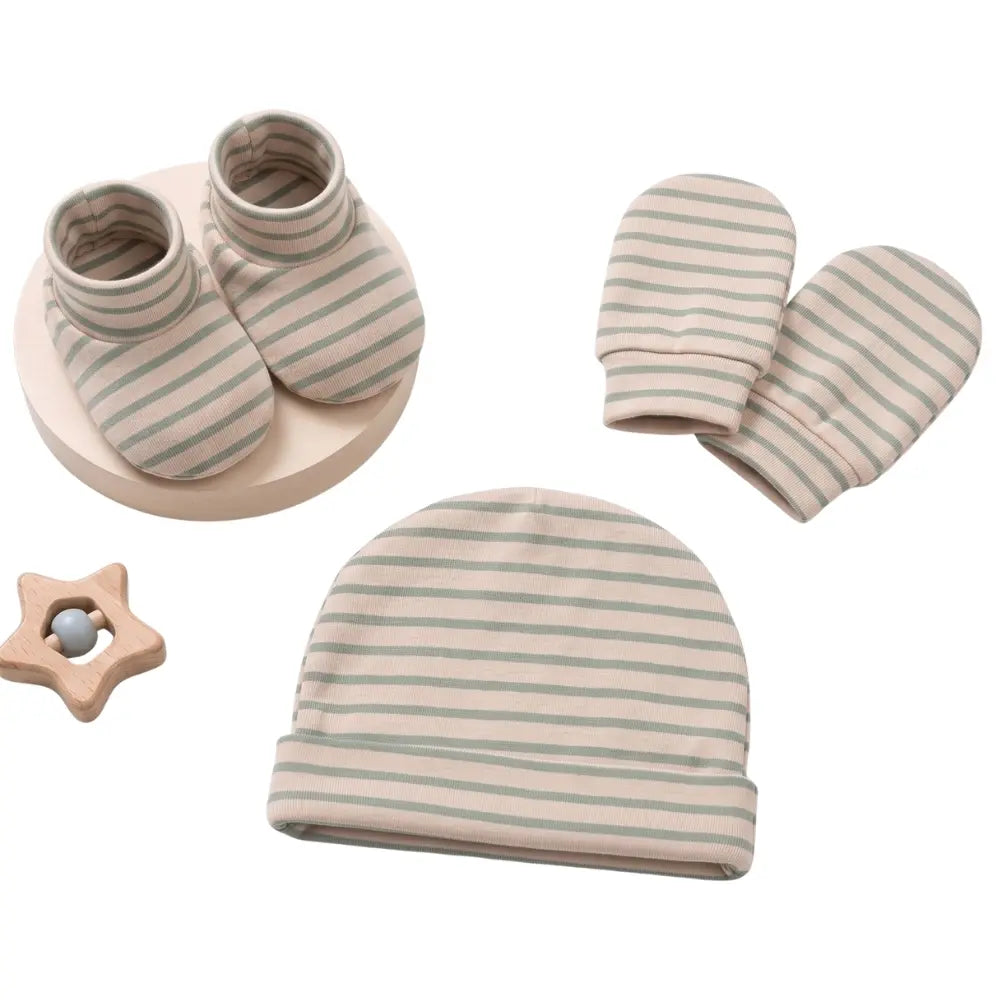 Prekies Newborn Cotton Cap, Mittens &amp; Booties Set - Olive Green