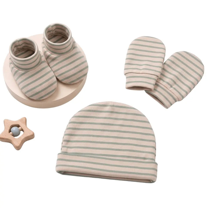 Prekies Newborn Cotton Cap, Mittens &amp; Booties Set - Olive Green