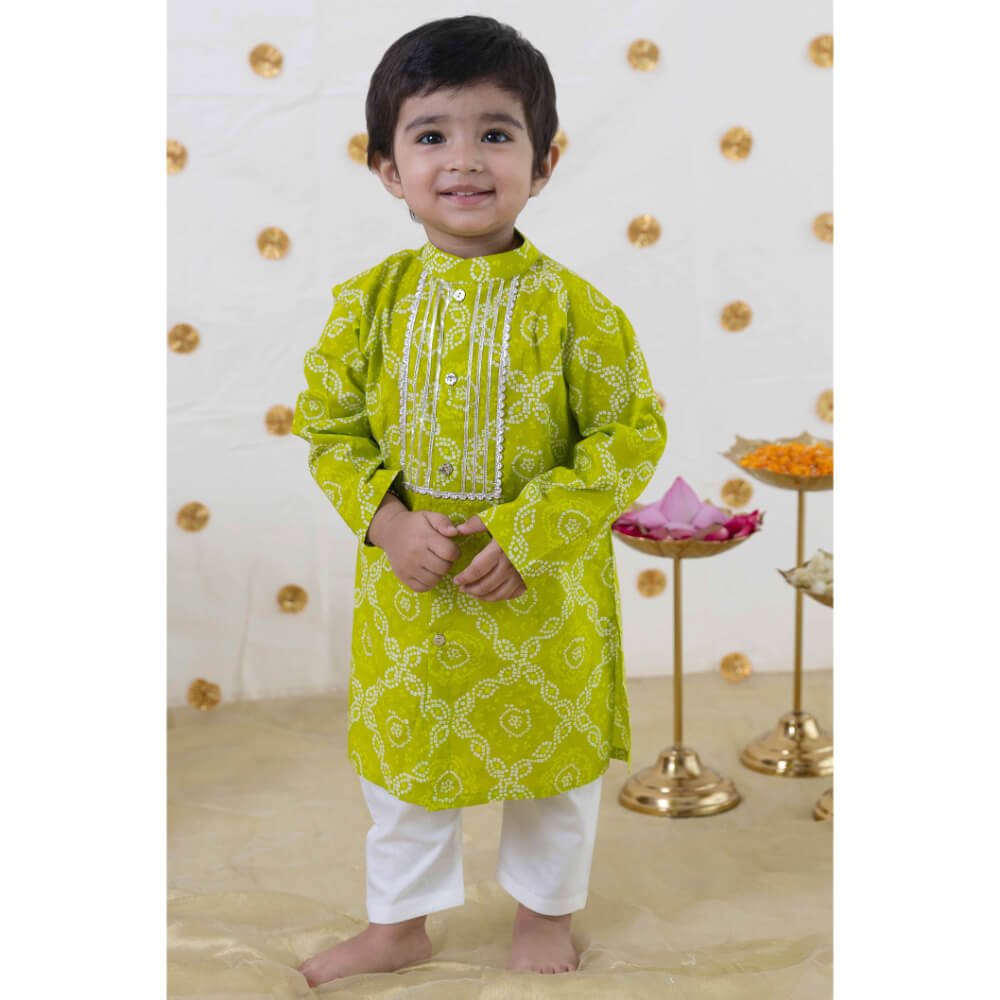 Tiber Taber Baby Boy Bandhani Print Cotton Kurta Set - Green