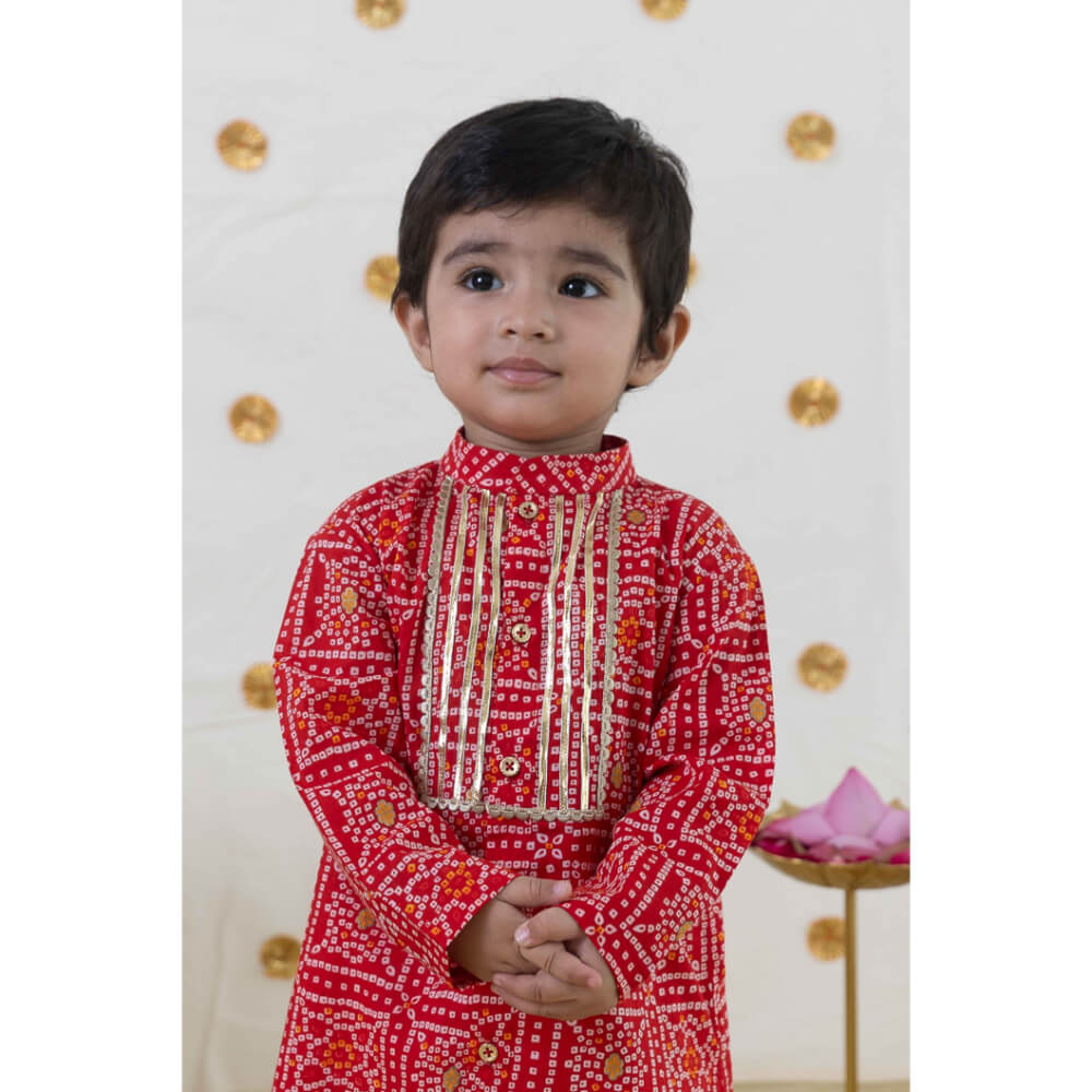 Tiber Taber Baby Boy Bandhani Print Cotton Kurta Set - Red