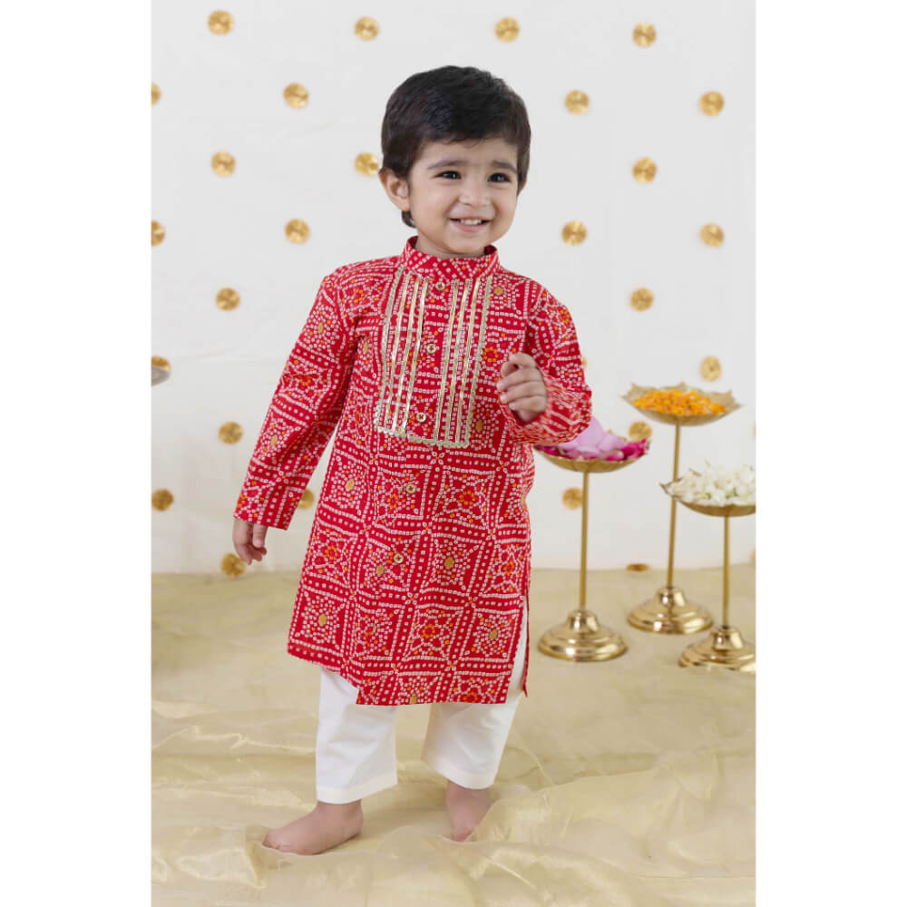 Tiber Taber Baby Boy Bandhani Print Cotton Kurta Set - Red