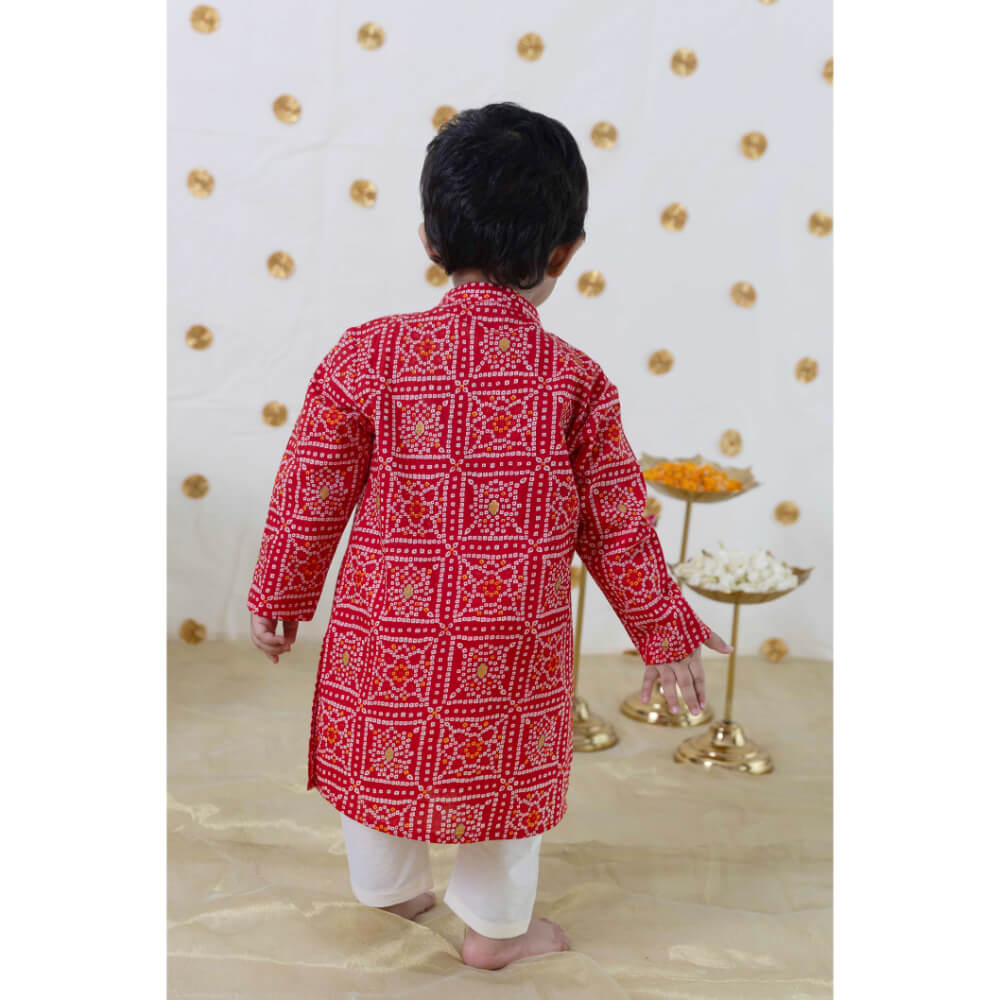 Tiber Taber Baby Boy Bandhani Print Cotton Kurta Set - Red