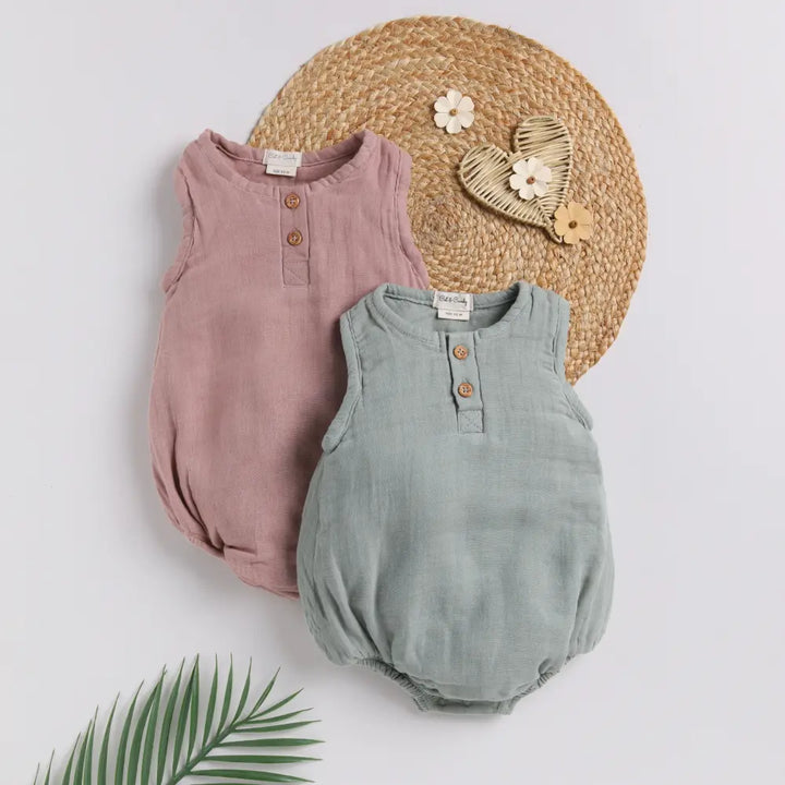 Cot &amp; Candy Baby Organic Muslin Bubble Romper Pack Of 2-Blush Pink + Sage