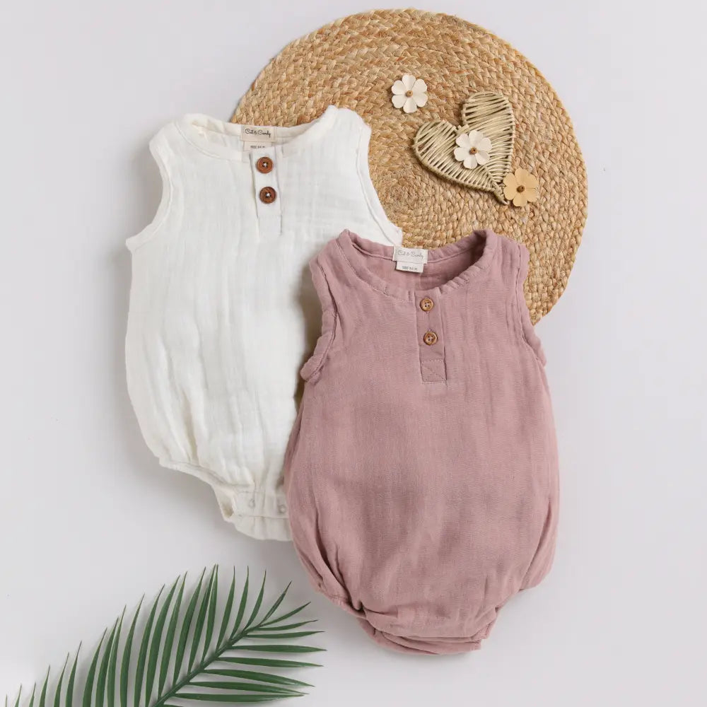 Cot &amp; Candy Baby Organic Muslin Bubble Romper Pack Of 2-White + Pink Blush