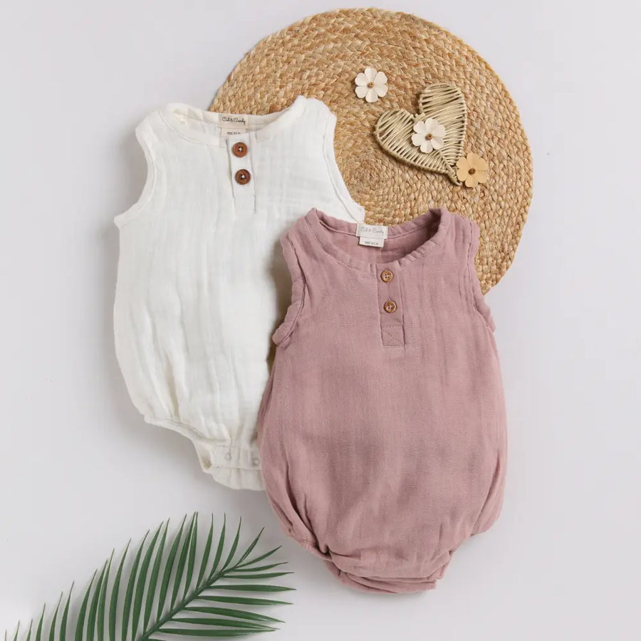 Cot & Candy Baby Organic Muslin Bubble Romper Pack Of 2-White + Pink Blush
