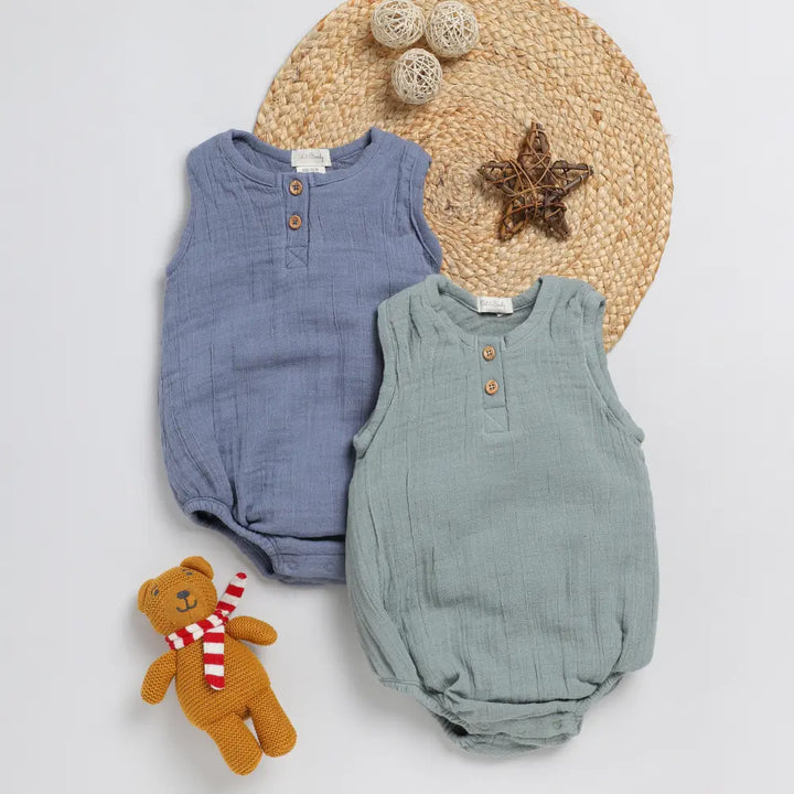 Cot &amp; Candy Baby Organic Muslin Bubble Romper Pack Of 2-Aqua + Sage