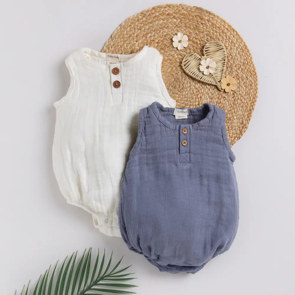 Cot &amp; Candy Baby Organic Muslin Bubble Romper Pack Of 2-White + Aqua