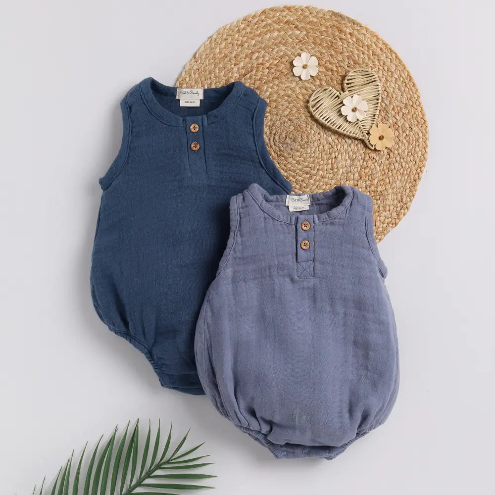 Cot &amp; Candy Baby Organic Muslin Bubble Romper Pack Of 2-Navy + Aqua