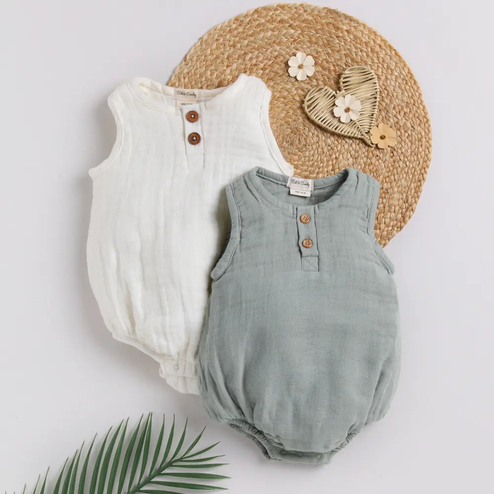 Cot &amp; Candy Baby Organic Muslin Bubble Romper Pack Of 2-White + Sage