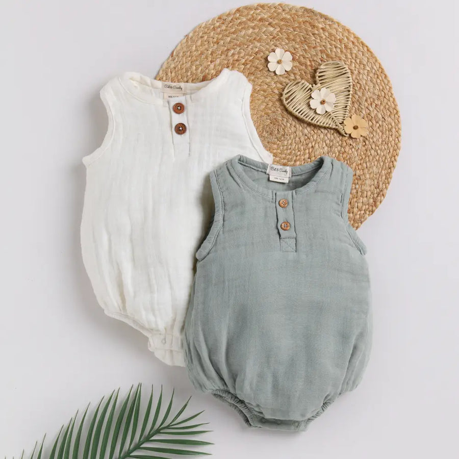 Cot & Candy Baby Organic Muslin Bubble Romper Pack Of 2-White + Sage