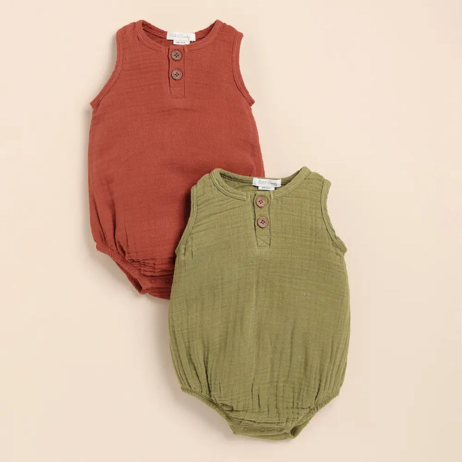 Cot & Candy Baby Organic Muslin Bubble Romper Pack Of 2-Olive + Picante