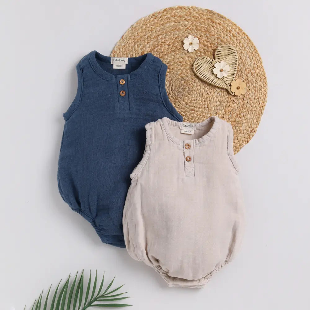 Cot &amp; Candy Baby Organic Muslin Bubble Romper Pack Of 2-Navy + Oatmeal