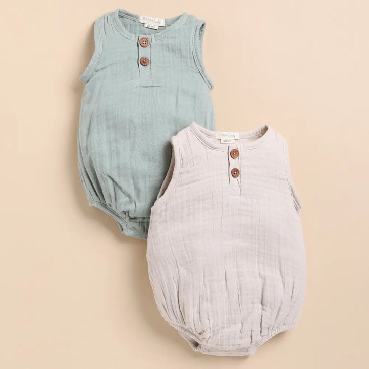 Cot &amp; Candy Baby Organic Muslin Bubble Romper Pack Of 2-Oatmeal + Moss Green