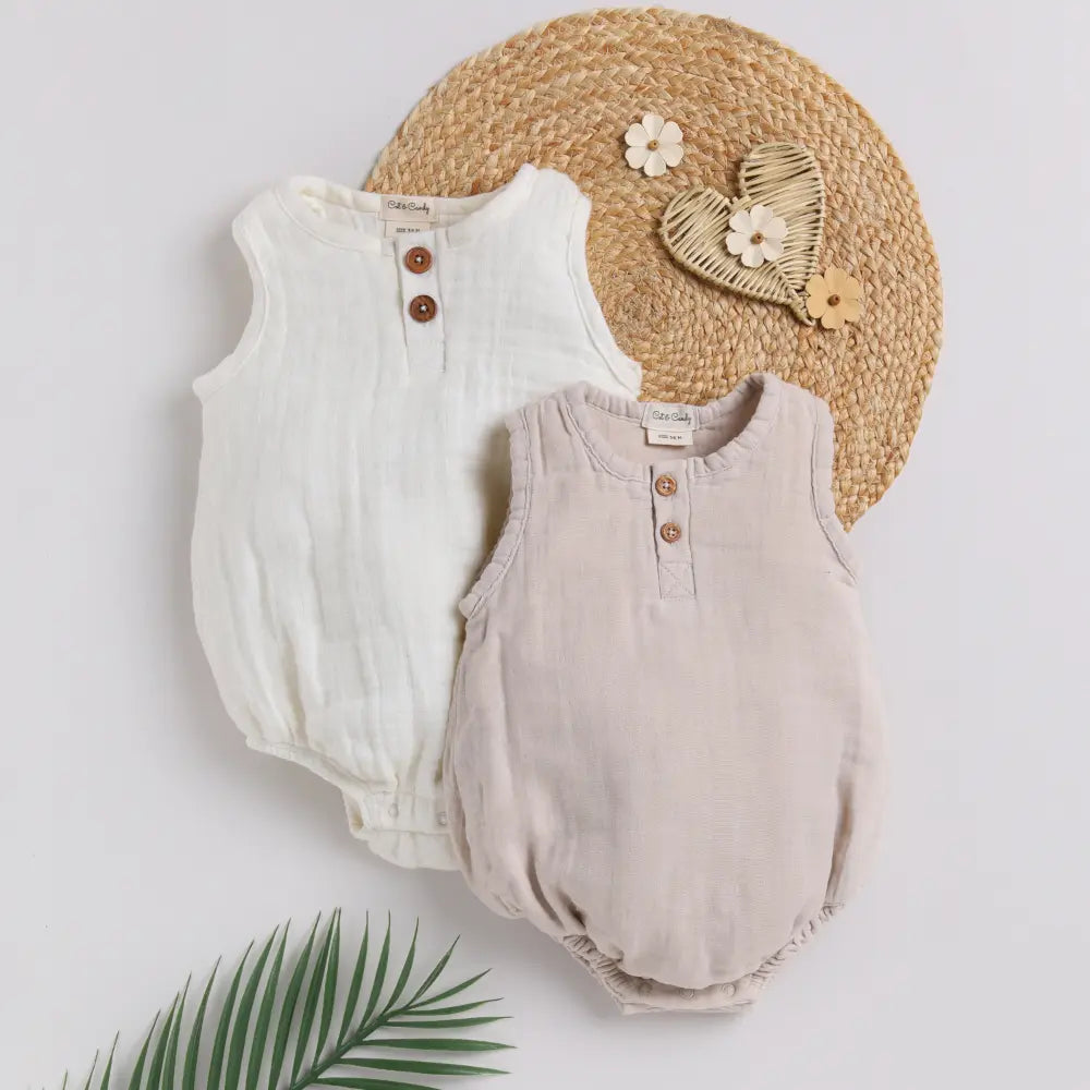 Cot &amp; Candy Baby Organic Muslin Bubble Romper Pack Of 2-White + Oatmeal