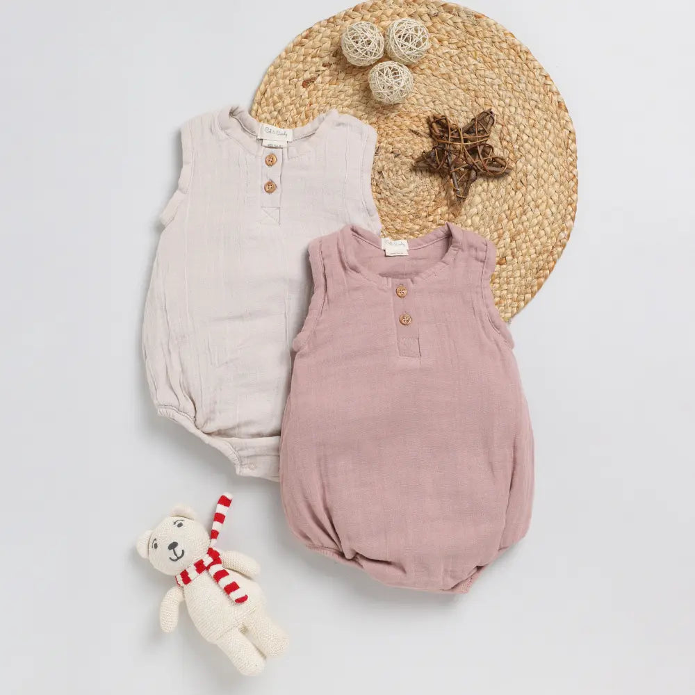 Cot &amp; Candy Baby Organic Muslin Bubble Romper Pack Of 2-Oatmeal + Blush Pink