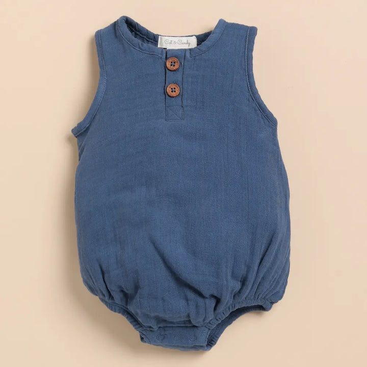 Cot &amp; Candy Baby Organic Muslin Bubble Romper Pack Of 2-Navy + Oatmeal
