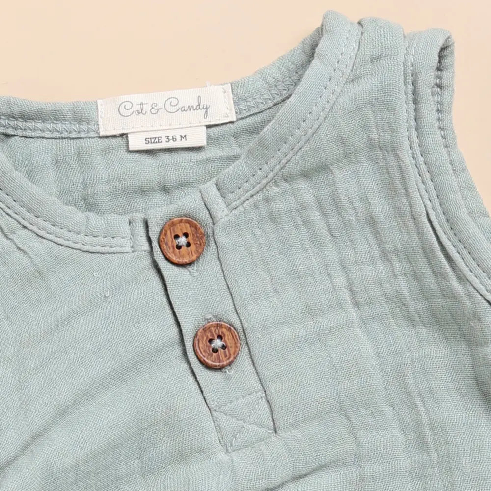 Cot &amp; Candy Baby Organic Muslin Bubble Romper Pack Of 2-Oatmeal + Moss Green