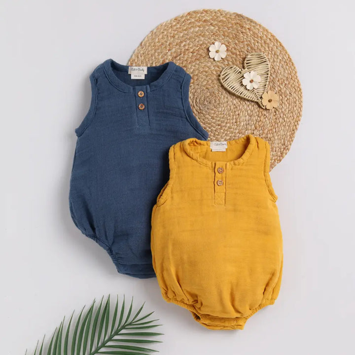 Cot &amp; Candy Baby Organic Muslin Bubble Romper Pack Of 2-Navy + Mustard