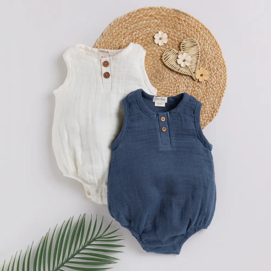 Cot & Candy Baby Organic Muslin Bubble Romper Pack Of 2-White + Navy