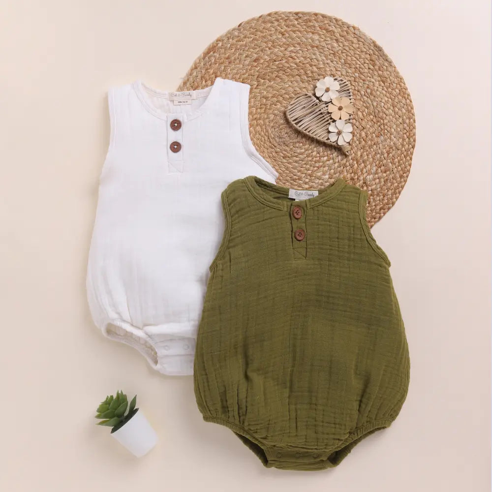 Cot &amp; Candy Baby Organic Muslin Bubble Romper Pack Of 2-White + Olive
